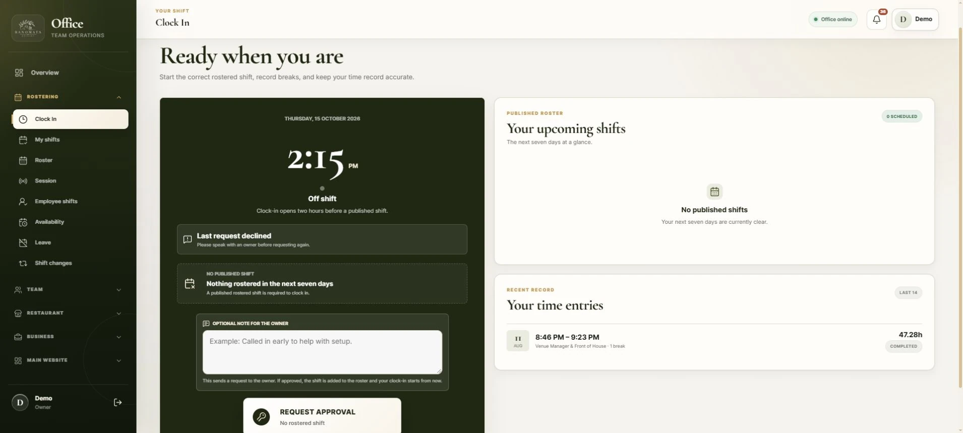 Ranomata Office staff clock-in and attendance dashboard, shown with a Demo account